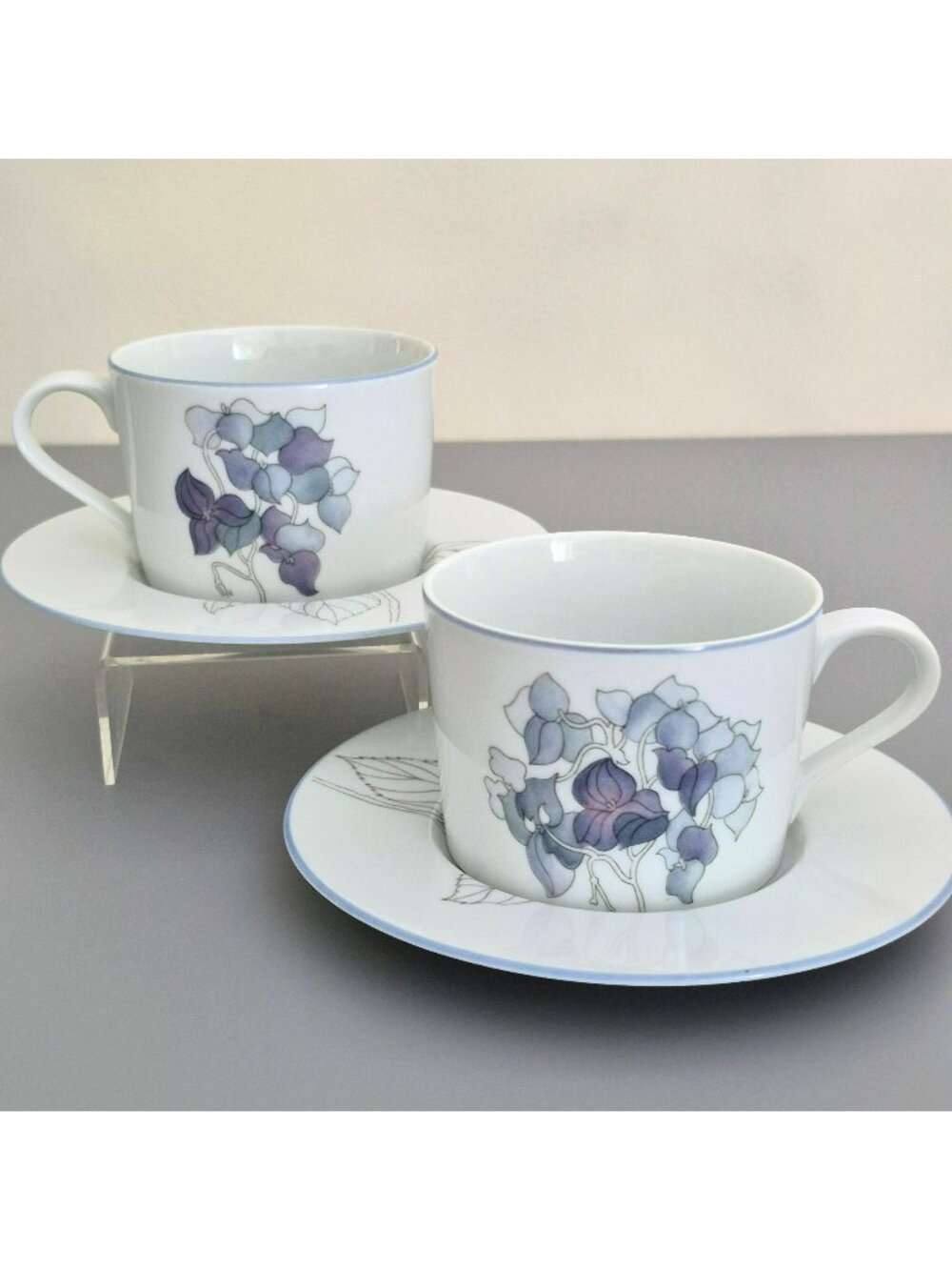 Vintage Block Spal Hydrangea Cup & Saucer, 2 Sets, Gray Purple Watercolor Flower